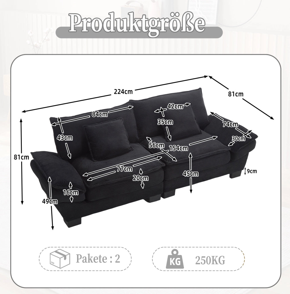 DIVANO a 2 posti 224x81x81 cm Velluto Nero con 2 cuscini