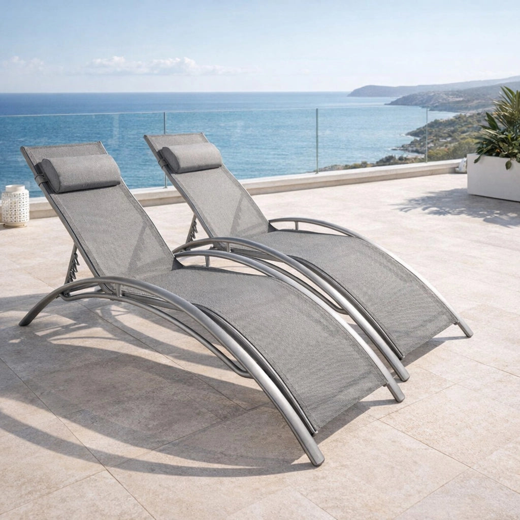 Set 2 Lettini Prendisole Pieghevoli Da Giardino Con Schienale Reclinabile 5 Posizioni In Textilene Traspirante Per Relax Piscina E Terrazza 59 x 158 x 81.5 Cm Grigio