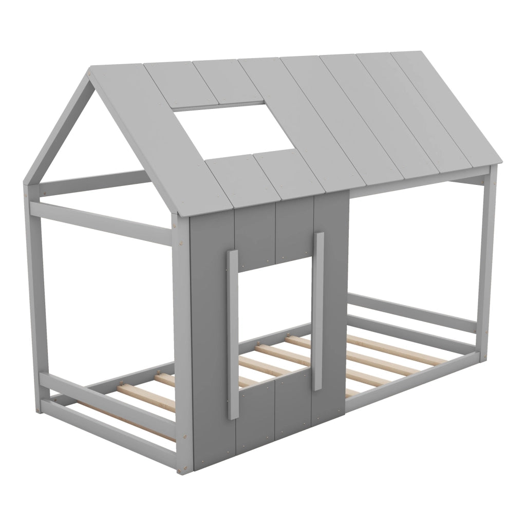 OKWISH Letto a casetta 90×200 cm, Letto Singolo con Tetto, Finestra e 8 Doghe, senza Materasso, in Pino e MDF, Grigio