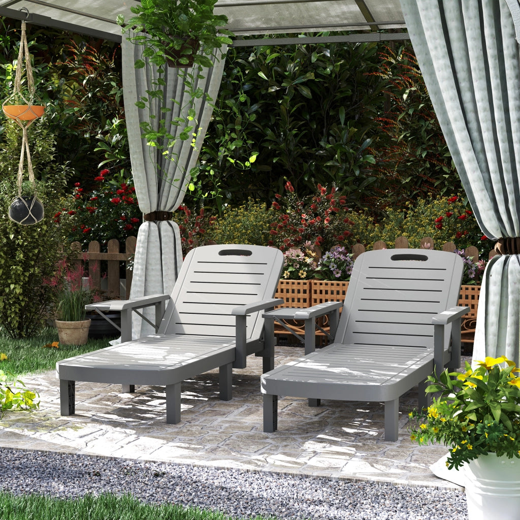 Set 2 Sdraio da Giardino Regolabili 79x158x88 cm con Tavolino e Braccioli in Polipropilene Grigio Scuro