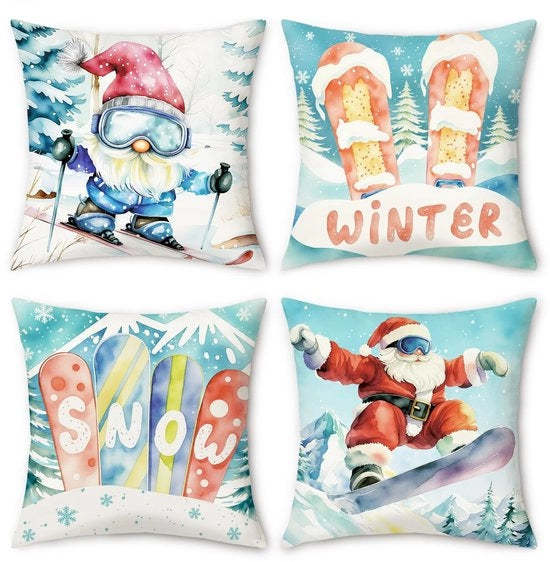 Set di cuscini di copertura in velluto da 4 pezzi - Tema sport invernale - Decorazione natalizia - Cuscini di copertura rinforzati con chiusura a raso - Set di cuscini di copertura per massimo comfort