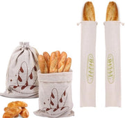 Set di 4 sacchetti di pane riutilizzabili, sacchetti di lino per pane con cordoncino, adatti per pane di lievitazione casalingo, chiusura con cera d'api, stampa verde/caffè.