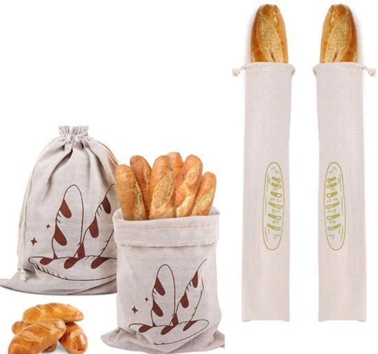 Set di 4 sacchetti di pane riutilizzabili, sacchetti di lino per pane con cordoncino, adatti per pane di lievitazione casalingo, chiusura con cera d'api, stampa verde/caffè.