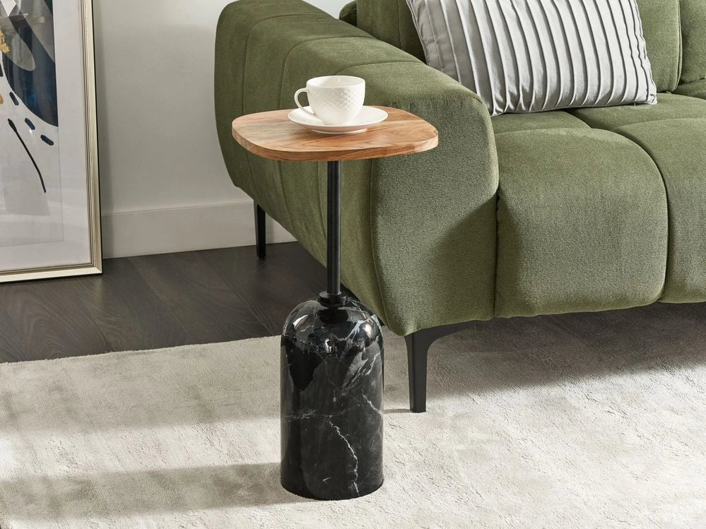 Tavolino moderno rotondo a forma geometrica piano in legno di acacia chiaro base in metallo effetto marmo nero soggiorno elegante