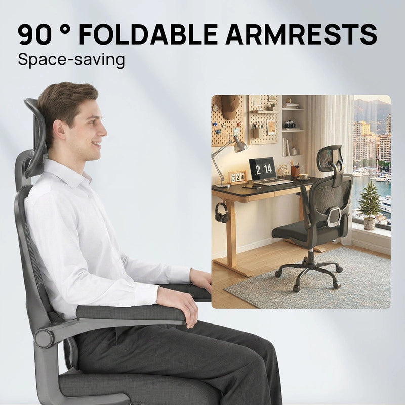 Sedia da ufficio ergonomica - Poltrona HAMLODY - con braccioli pieghevoli a 90° - Supporto lombare - Regolabile in altezza Nero