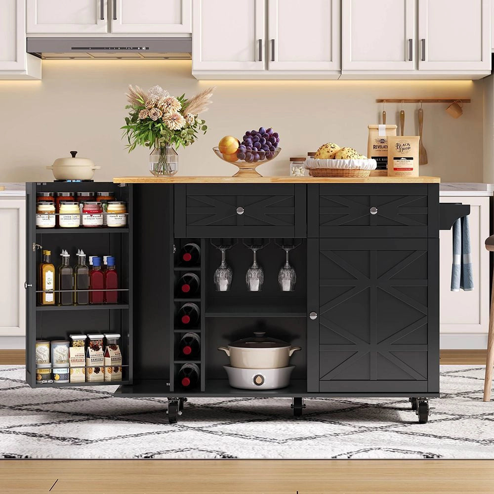 Isola da cucina con piano ribaltabile - Xylo - 5 ruote bloccabili, scaffale porta, porta bottiglie e bicchieri, nero, 120x45(70)x89 cm