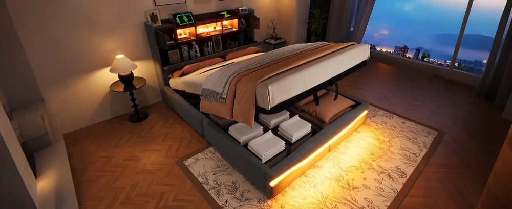 Letto Imbottito Contenitore con LED e USB ¨C MINIMAL ¨C Grigio 140x200