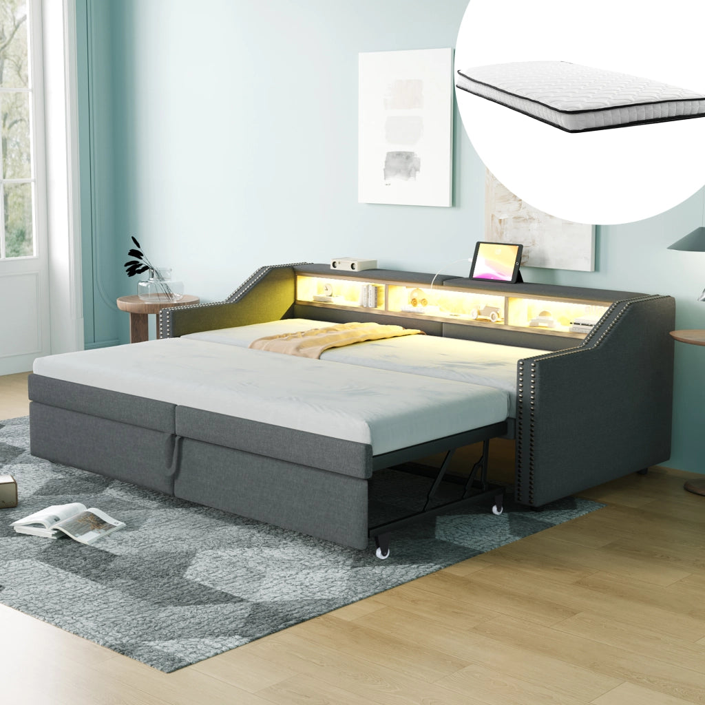 Letto divano estraibile 90 × 200 cm e 180 × 200 cm con 3 ripiani, LED et USB, con 2 materassi, grigio scuro