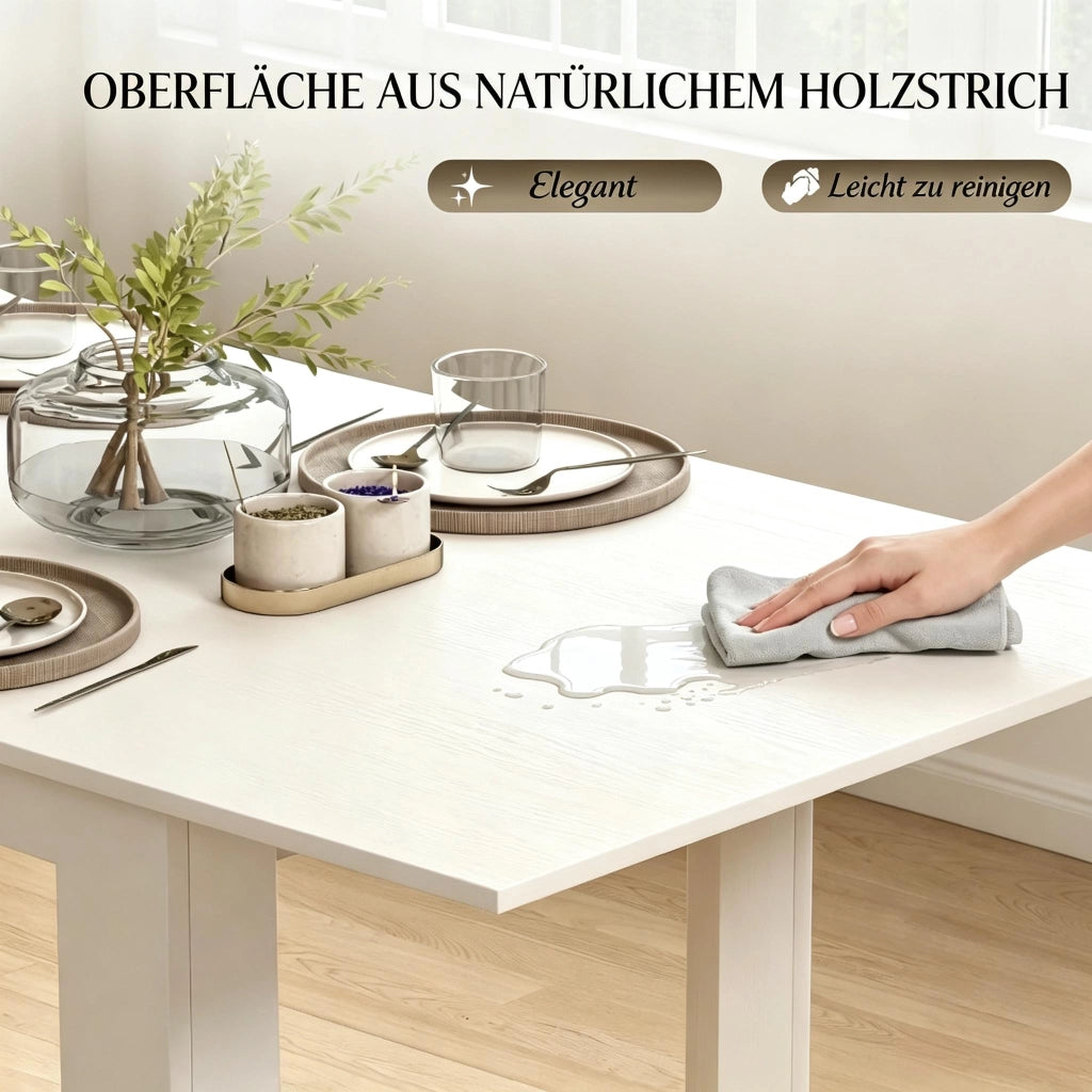 Tavolo da pranzo allungabile per 6-8 persone con piano in MDF e guide in acciaio, per cucina e sala da pranzo, bianco