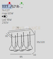 SOSPENSIONE OTTONE SAT. 7 LUCI RETTANGOLARE VETRI FUME 1177OS-S7 R-FU
