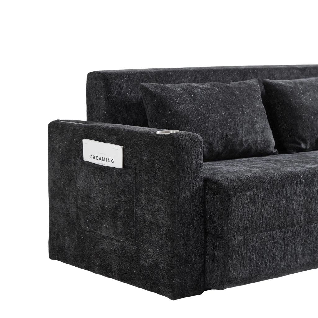 Divano letto 2 posti 153x77x65 cm in ciniglia grigio nero con USB e 2 cuscini