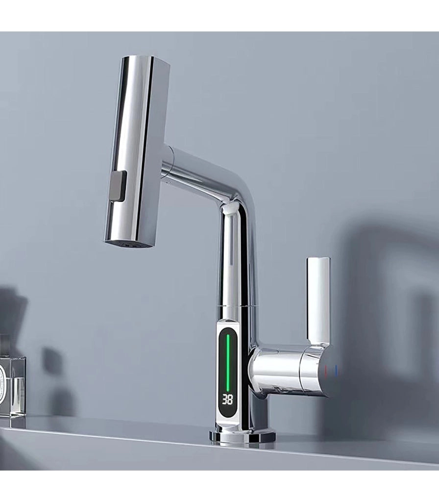 Rubinetto Lavandino Display LED Temperatura LH-189 | Lega | Estraibile 3 modi | Altezza regolabile per Lavare Testa