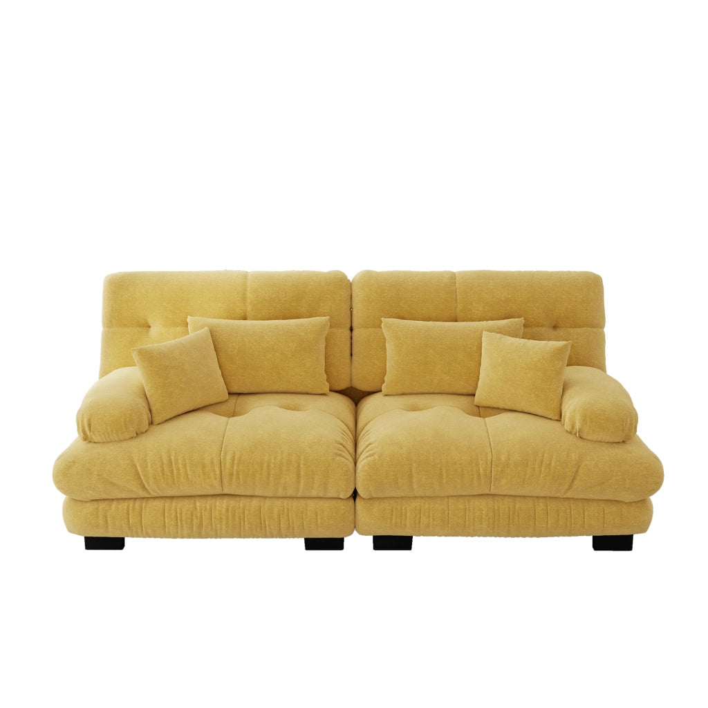 Divano modulare in ciniglia giallo con due pouf mobili e quattro cuscini per configurazioni angolari o lineari