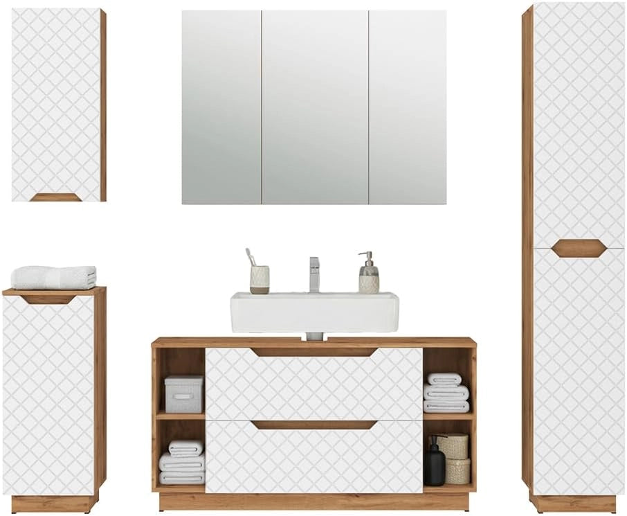 Set di mobili da bagno Lotta, Rovere/bianco con struttura in piastrelle, 5 parti