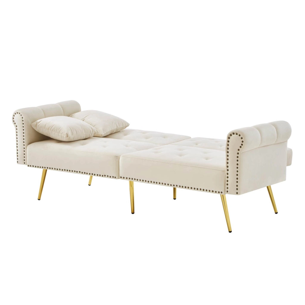 Divano letto 2 posti in velluto beige con schienale regolabile; 173x75x70 cm
