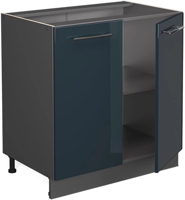 Mobile lavello cucina Fame-Line, Blu scuro lucido, 80 cm con ripiano, PL Rovere, per la combinazione con altri moduli della serie Fame-Line