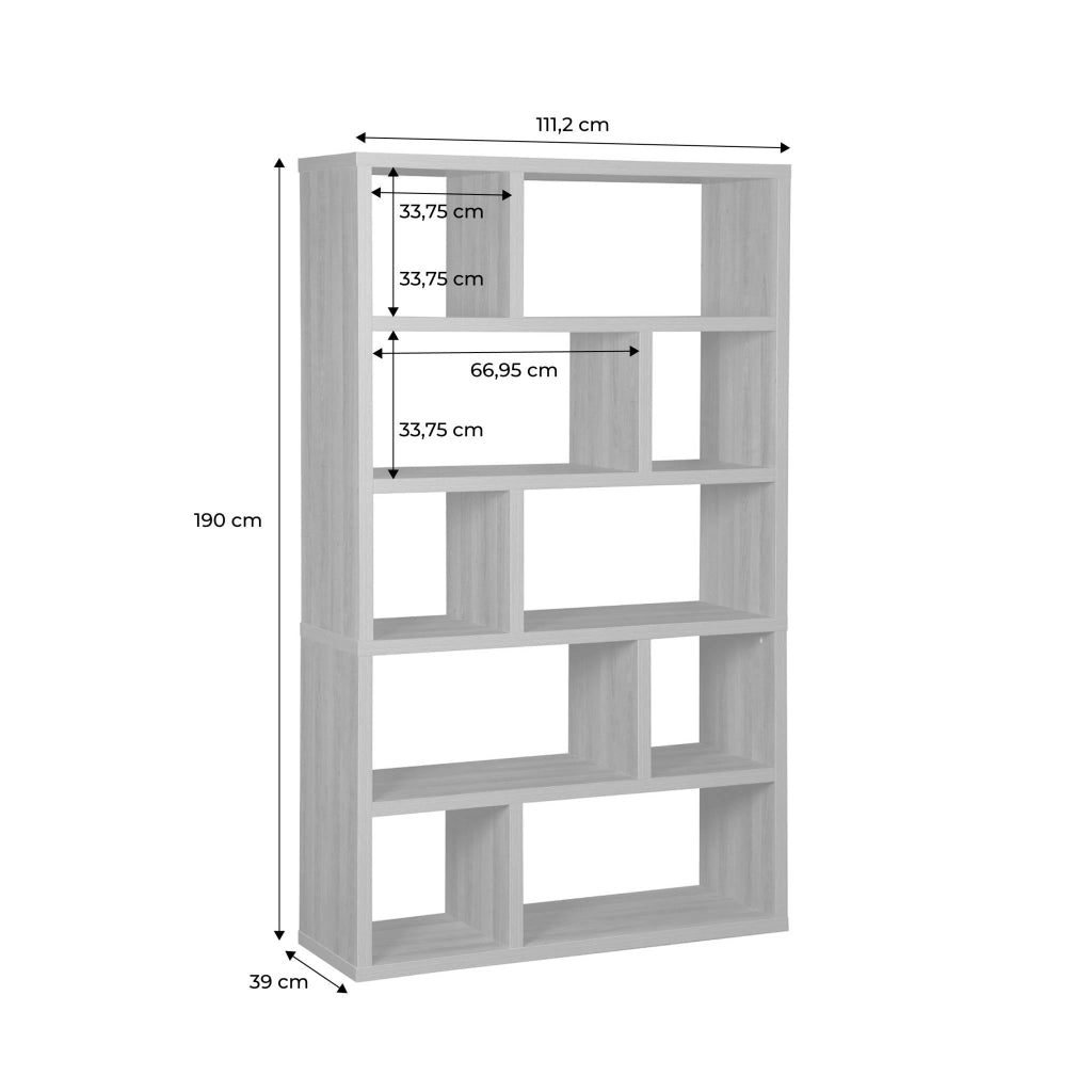 Libreria asimmetrica a 5 livelli con 10 scomparti, albero di mango