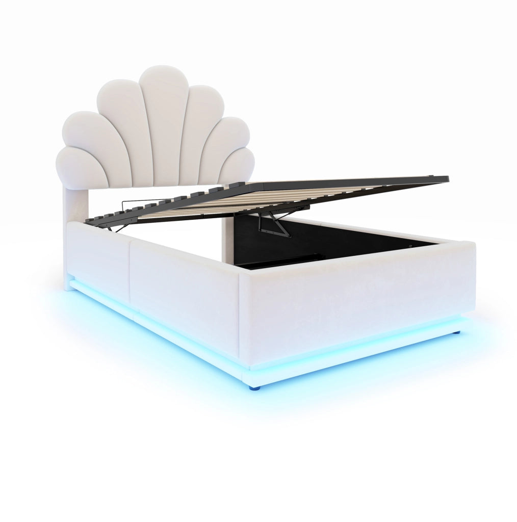 Letto imbottito beige 90 x 200 cm con contenitore idraulico e luci LED