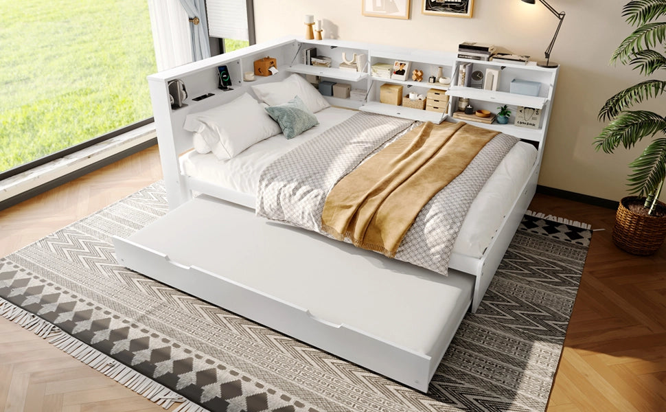DESMIU Letto estraibile 2 posti con vano testata, USB e Tipo C 140 × 200 cm e 90 × 190 cm, senza materasso, Bianco