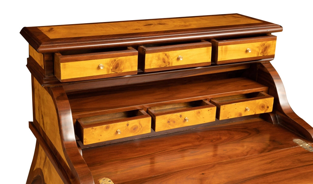 Biscottini Scrittoio secretaire in legno impiallacciato finitura noce arricchito con particolari intarsi totalmente realizzati a mano