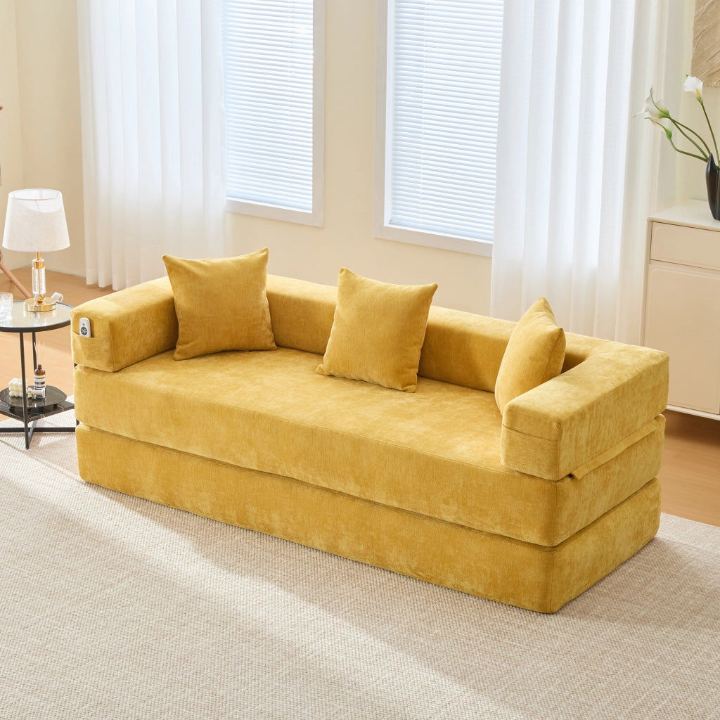 Divano modulare in ciniglia con tasche laterali, base antiscivolo e montaggio rapido, giallo senape 198 × 79 × 60 cm