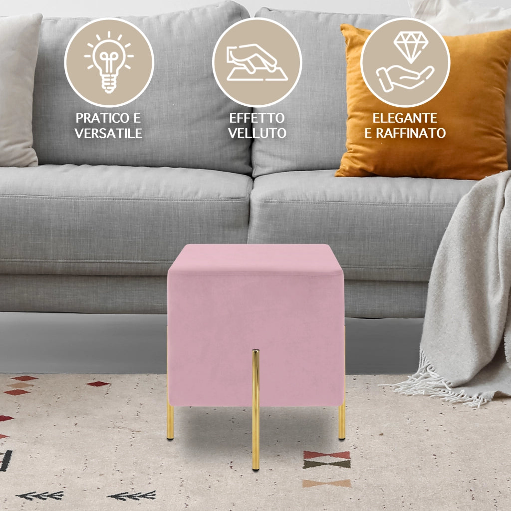 Pouf Poggiapiedi In Velluto Con Gambe Dorate Elegante Imbottito Sgabello Per Toeletta Mobile Trucco Ottomano Ingresso Tavolino Camera Da Letto Soggiorno Salotto Quadrato - Rosa