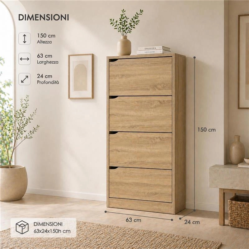 SCARPIERA LINEA HARMON IN LEGNO CON 4 ANTE COLORE ROVERE MISURA 63X24X150 CM