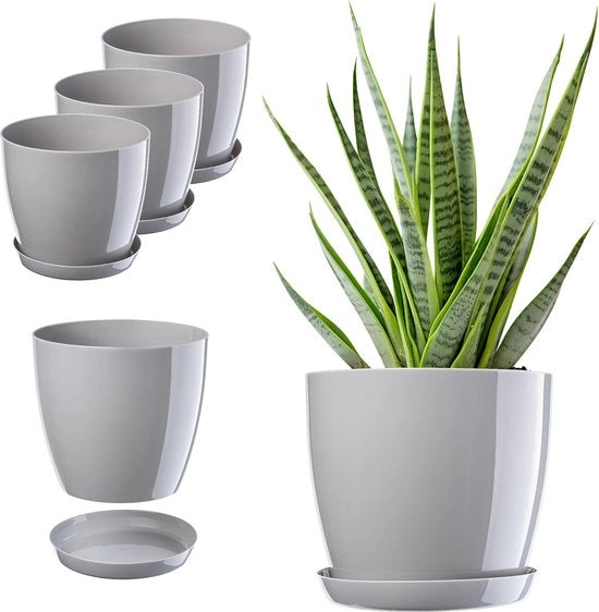 Set di vasi per piante con sottovaso - Set di 3 - Grigio - Plastica - 20 cm