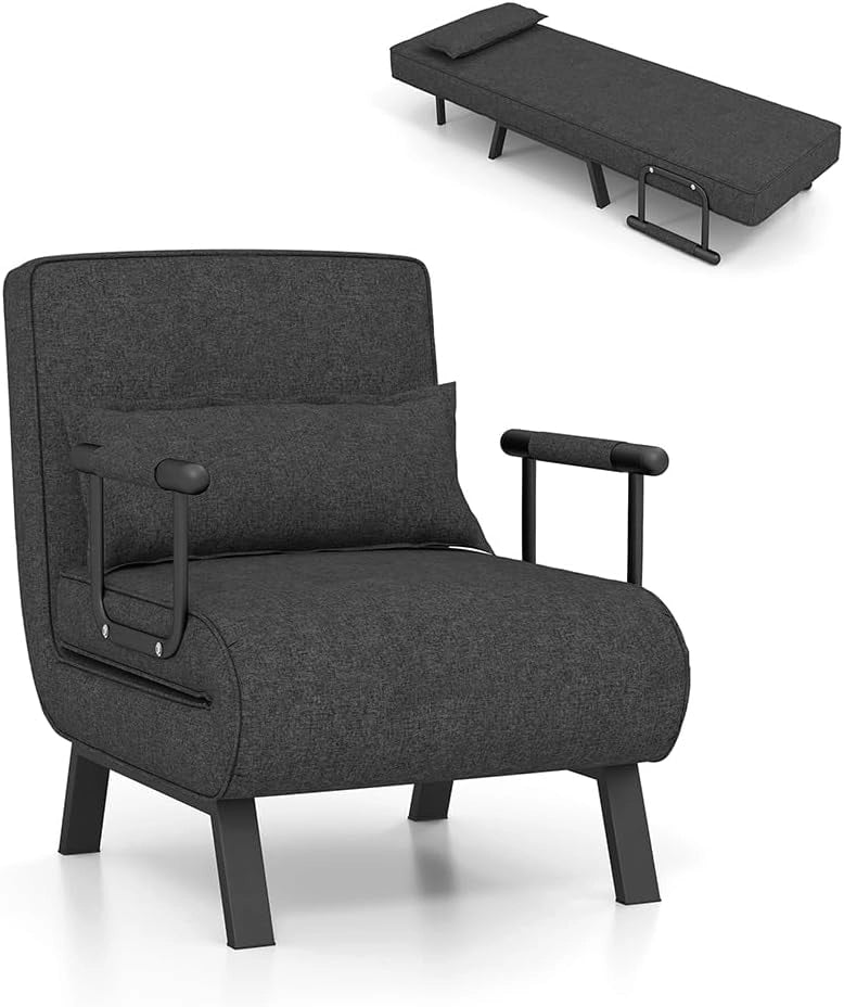 4 in 1 Poltrona Letto Singolo, Poltrona Pieghevole con Schienale Reclinabile a 6 Livelli, Divano Letto con Materasso e Cuscino, per Soggiorno e Salotto, 79 x 65 x 79 cm (Nero)