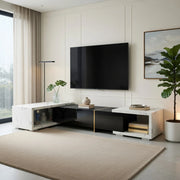 Cassettiera per TV nera con finitura opaca lucida e marmo bianco; in MDF e truciolare; lunghezza 140