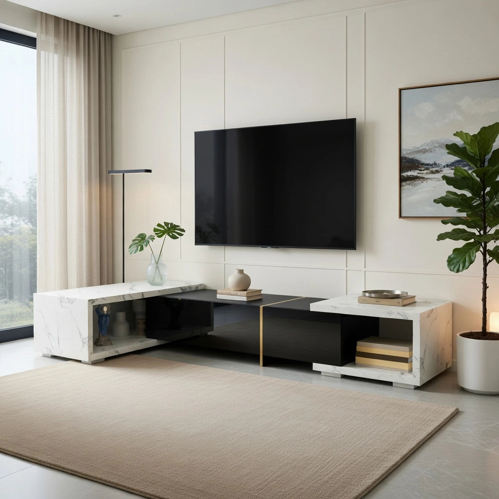 Cassettiera per TV nera con finitura opaca lucida e marmo bianco; in MDF e truciolare; lunghezza 140