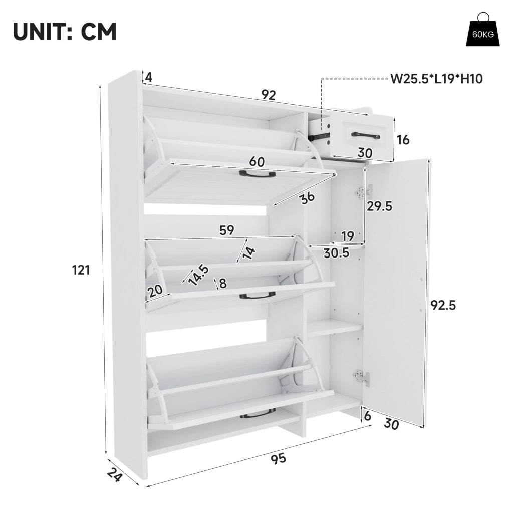 Mobile portascarpe bianco con 3 ribalte e cassetto 92x24x121 cm