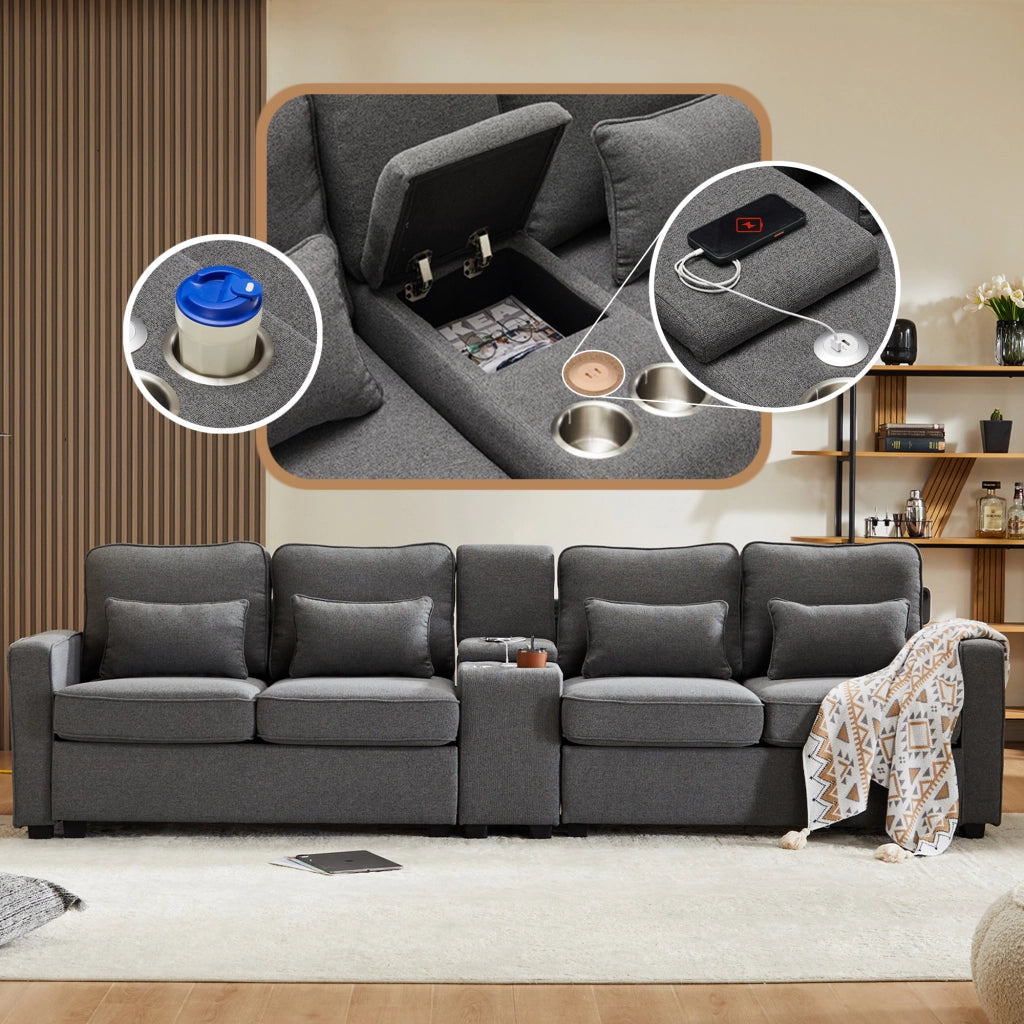 SOFA 4 posti 290x83x88 cm in lino grigio scuro con console, USB e 4 cuscini