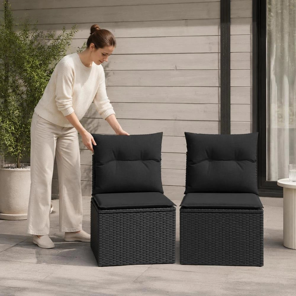Garden Chair Without Armrests With Cushion, Black Poly Rattan