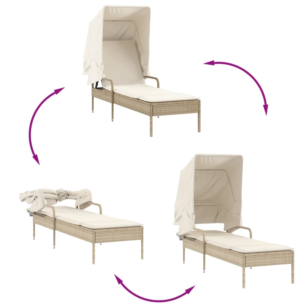 Lettino Prendisole | Sdraio da giardino | Lettino da sole con Baldacchino e Tavolino Beige Polyrattan
