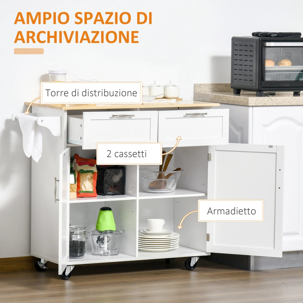Carrello da Cucina Multiuso in Legno con 2 Cassetti ¨C zephmum ¨C Bianco 104x46x91