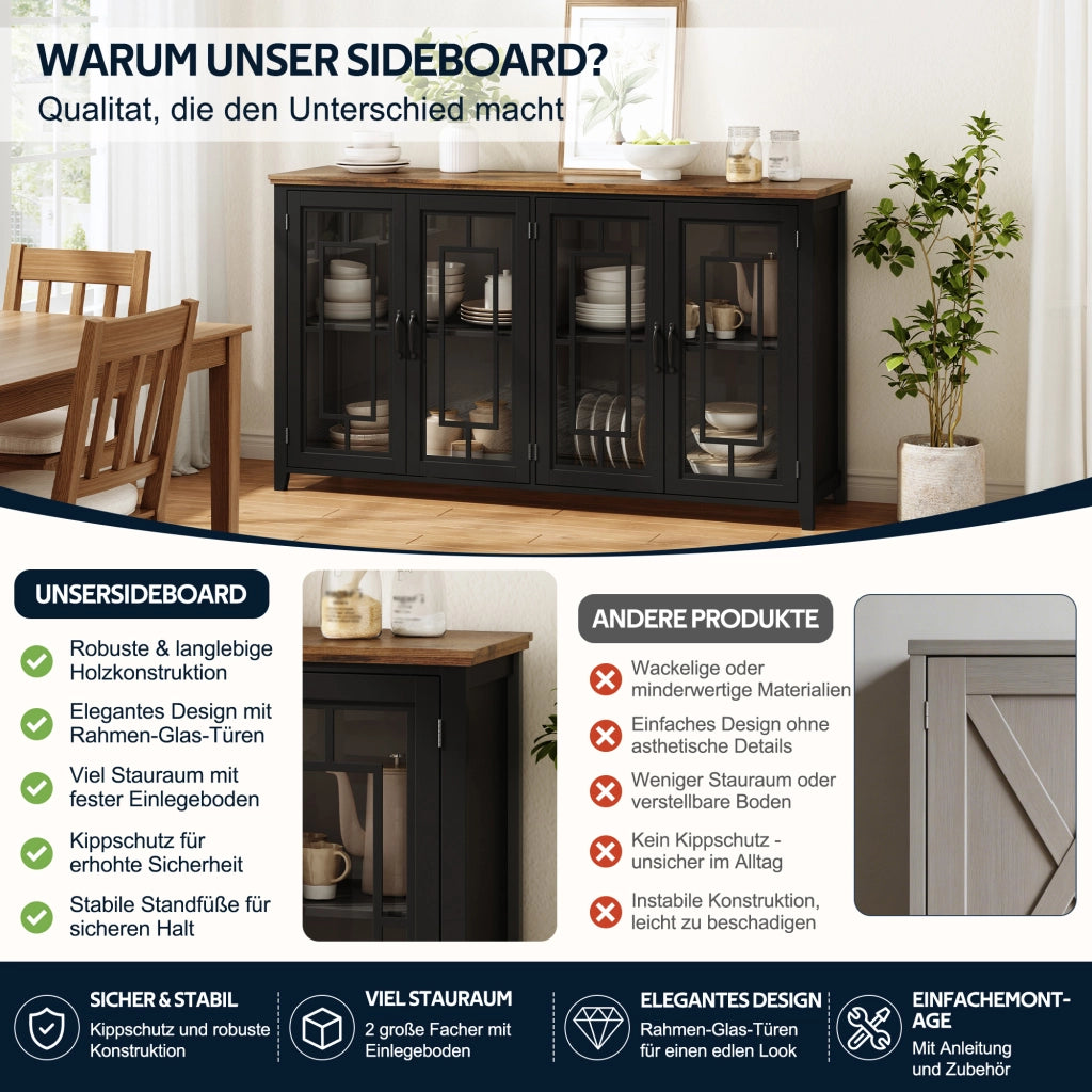 Credenza e madia con ante in vetro e 2 vani, piano effetto legno, per cucina e soggiorno, nero 160 × 40 × 86 cm