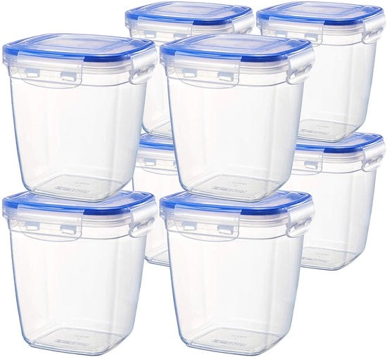 Set di contenitori per alimenti in plastica Grizzly, 8 cassetti con coperchio, alti, quadrati, stivati, resistenti a microonde e lavastoviglie