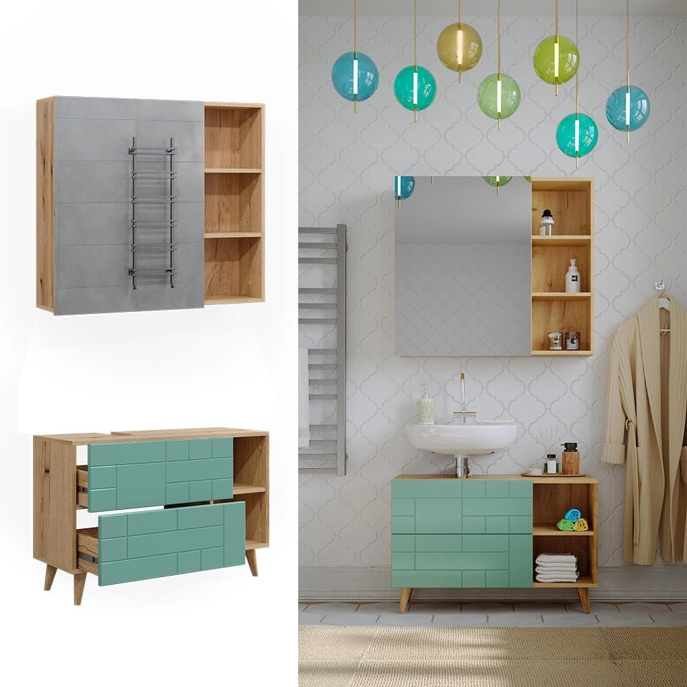 Set di mobili da bagno Rudi, Verde menta, 90 cm, composto da specchio da bagno e mobile sottolavabo