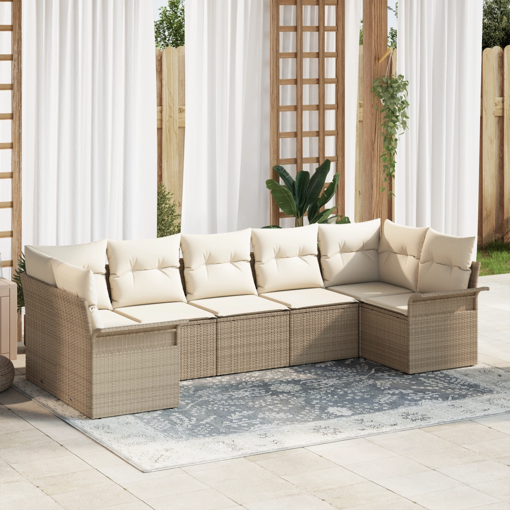 Set Divano da Giardino  7 Pezzi con Cuscini Beige Rattan Sintetico