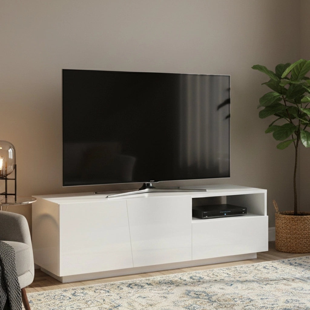 Mobile da soggiorno Porta Aiace, Made in Italy, Credenza per Aiace da salotto a 2 ante e 1 cassetto, cm 150x43h46, Bianco lucido
