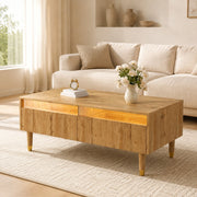 Tavolino da caffè LED 110x50x40 cm con 2 cassetti; MDF colore legno