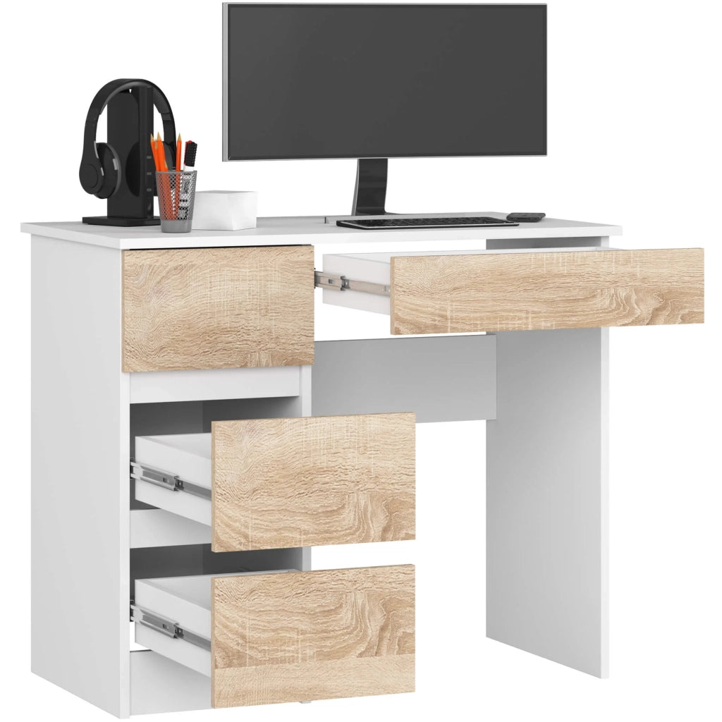 Scrivania per computer AKORD A7 Bianco 90 cm 4 cassetti inserto frontale Sonoma Quercia 90x50x77 cm Modello a sinistra