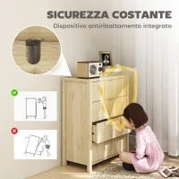 Cassettiera con 4 Cassetti Scanalati e Maniglie Dorate, 70x38x93 cm, Legno Naturale