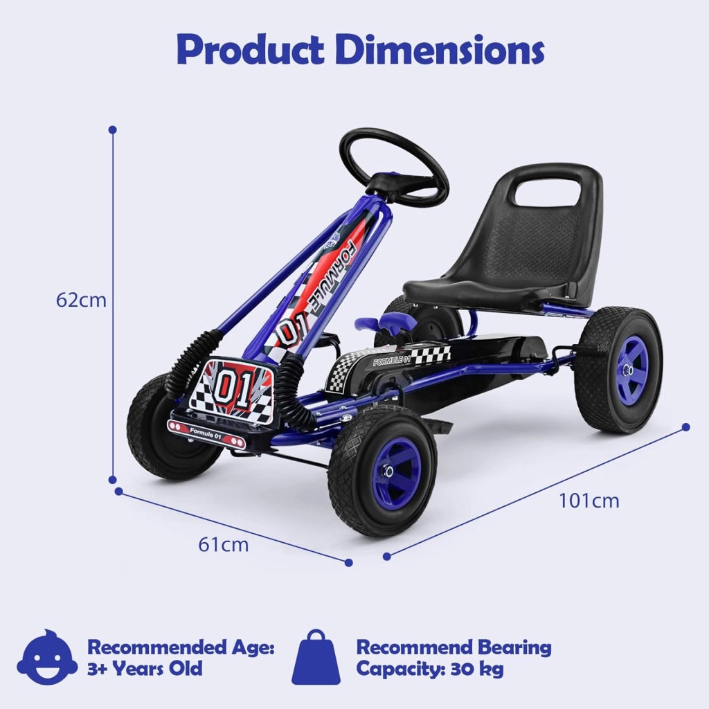 Go Kart a Pedali per Bambini, Macchina per Bambini con Sedili Regolabili in 2 Posizioni e 4 Ruote Antisdrucciolo, Carico 30 kg, per 3 Anni + (Blu, 101 X 61 X 62 CM)