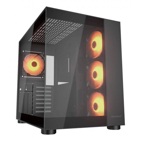 COUGAR FV150 RGB è un case PC nero per gaming compatibile con Mini-ITX, Micro-ATX e ATX. Offre illuminazione ARGB, supporto per 10 ventole e GPU fino a 400 mm. Design elegante e raffreddamento avanzato.