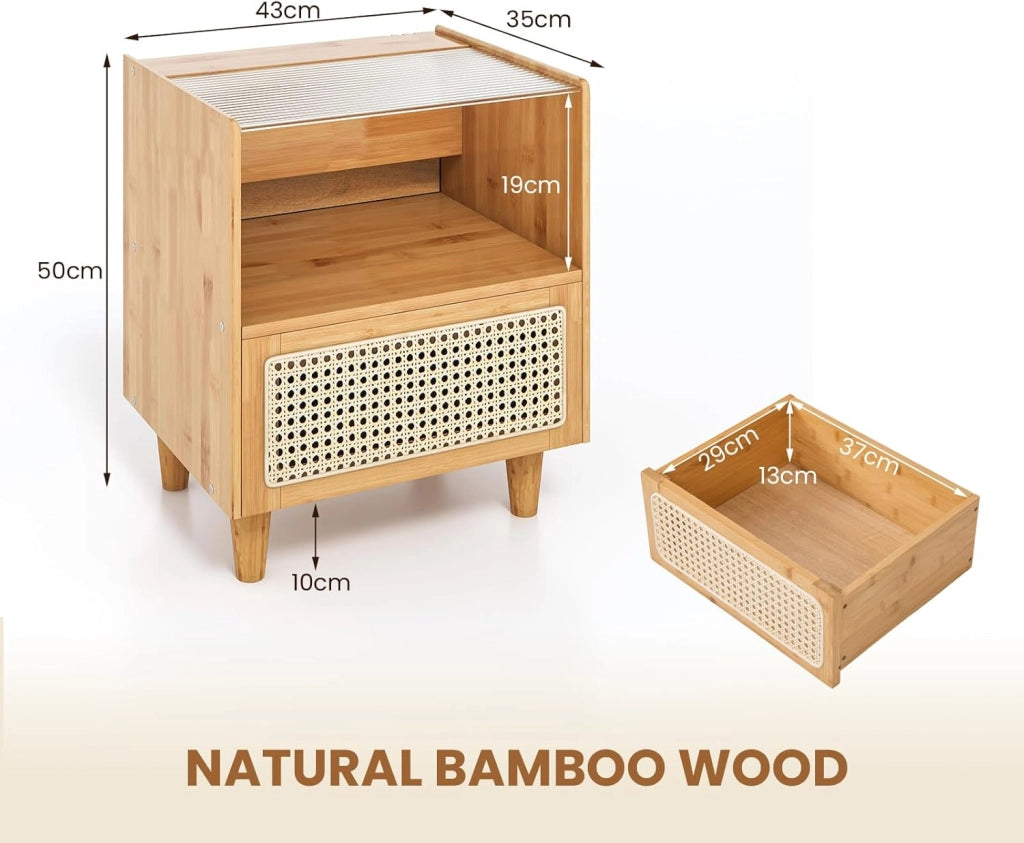Comodino con cassetto in rattan e bambù, tavolino con gambe in legno massello, comodino con piano in vetro e scomparto aperto, comodino 43 x 35 x 50 cm (colore naturale, 1 pezzo)