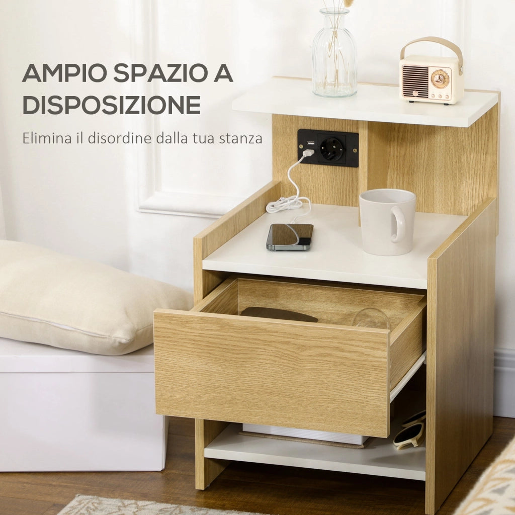 Comodino Moderno1 Cassetto 40x40x60 cm con 2 Prese USB Color Legno
