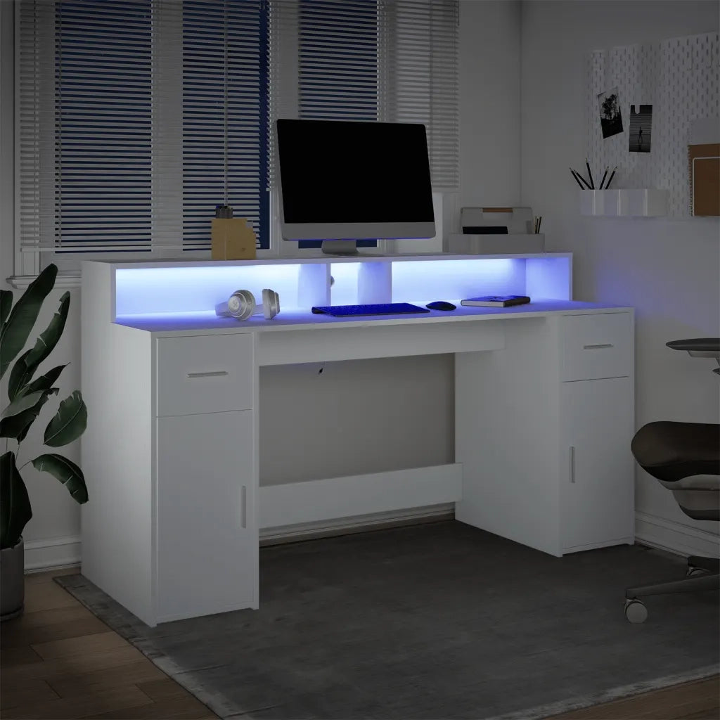 Scrivania | Tavolo da Ufficio con Luci LED Bianca 160x55x91 cm in Legno Multistrato