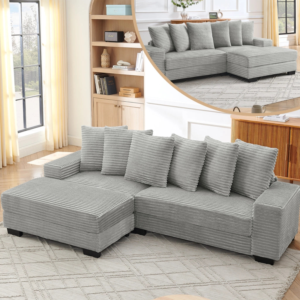 Divano angolare reversibile 4 posti con chaise longue e 6 cuscini in velluto a coste grigio 256,5 × 133,5 × 89 cm